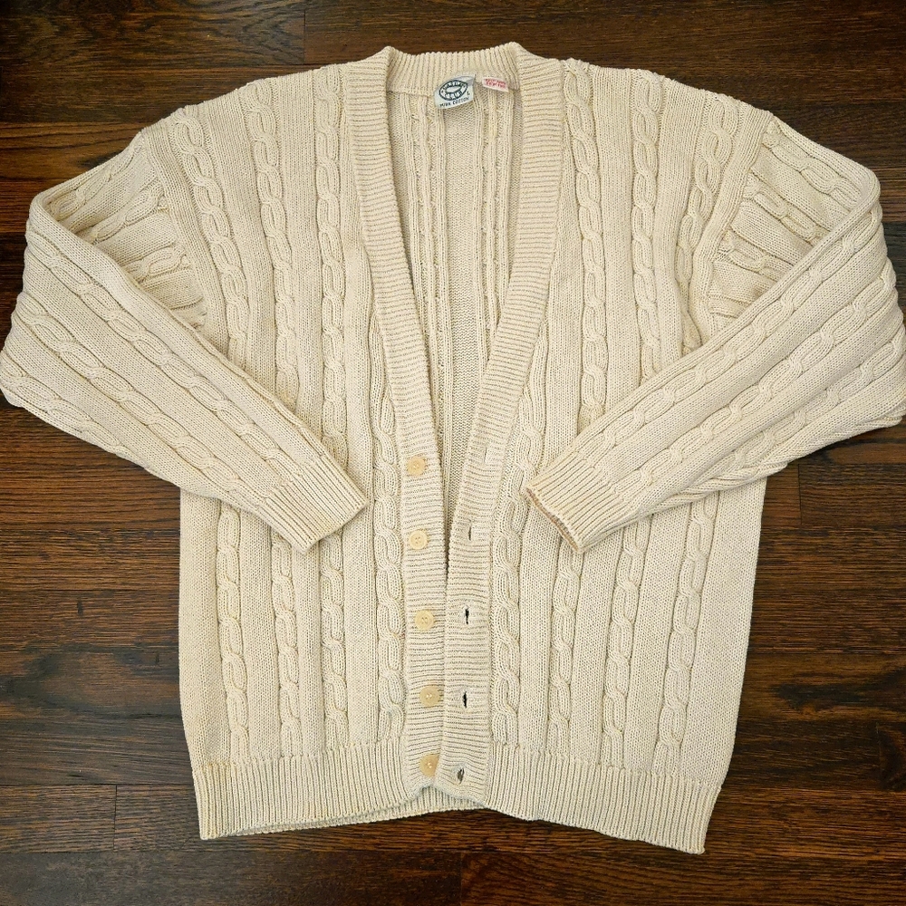 Neutral 90-s Cable Knit Cotton Cardigan Vintage Unisex Roomy Buttermilk Size L
